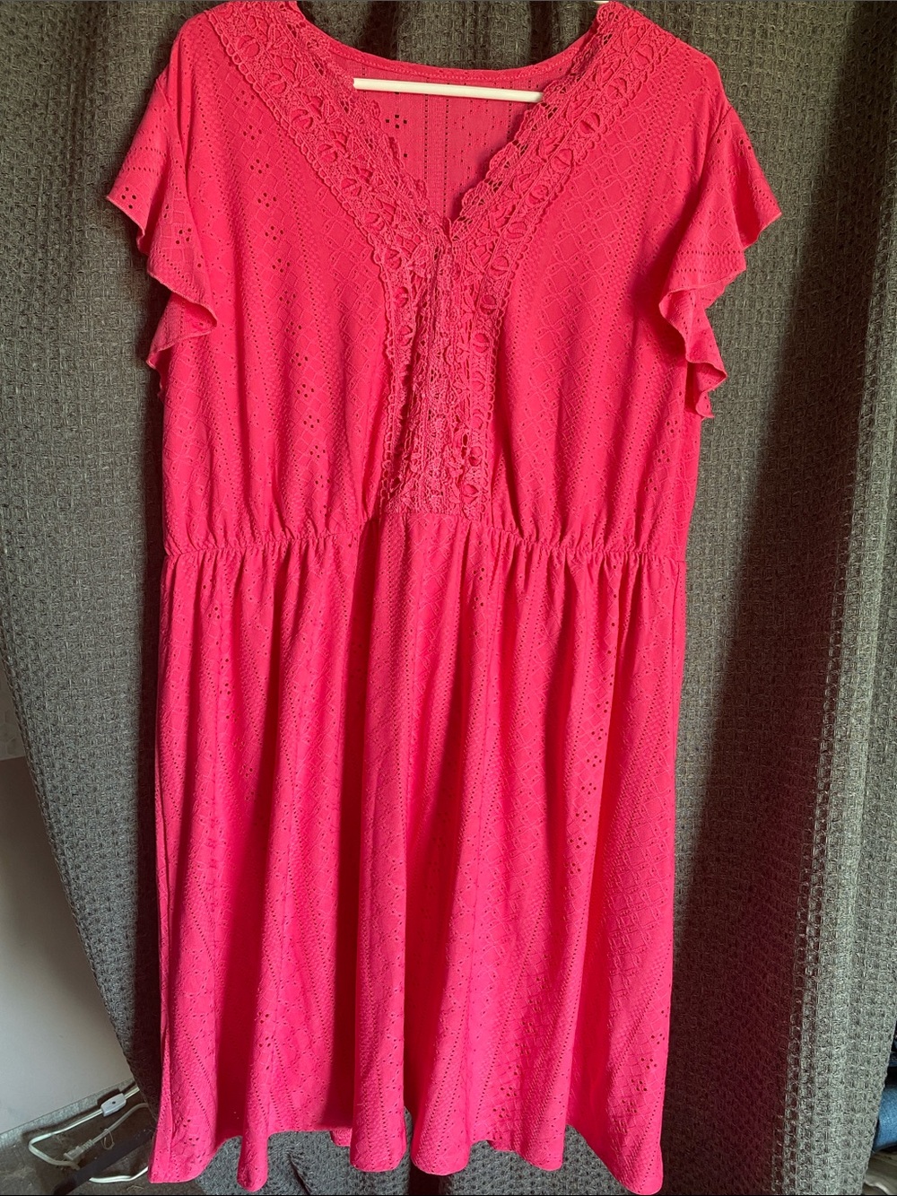 Bright Pink Eyelet Lace V-Neck Casual Dress